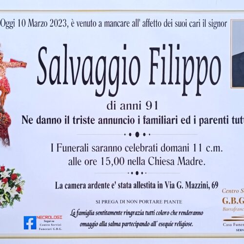 Annuncio servizi funerari agenzia G.B.G. sig. Salvaggio Filippo di anni 91