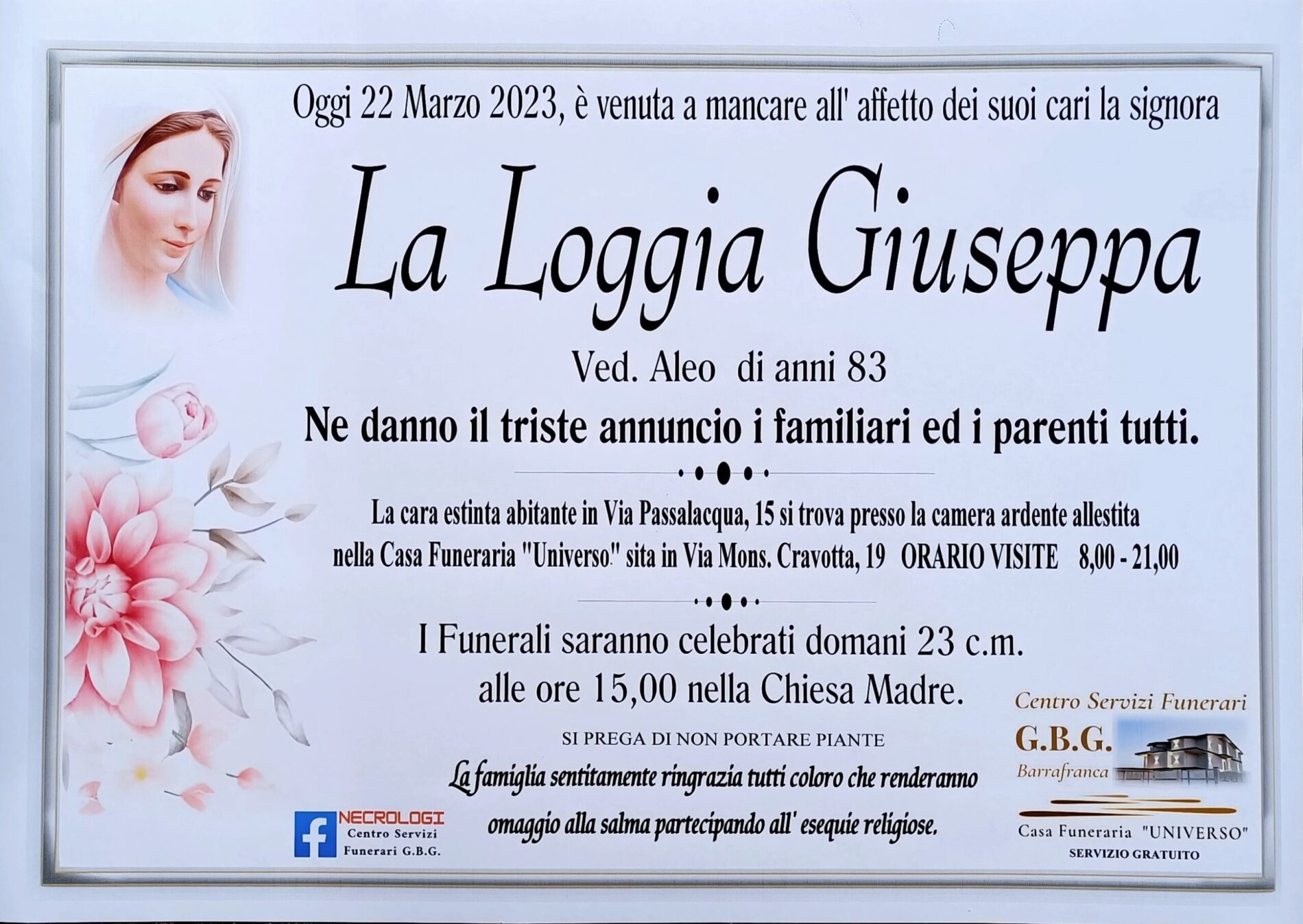 Annuncio servizi funerari agenzia G.B.G. signora La Loggia Giuseppa ved. Aleo di anni 83
