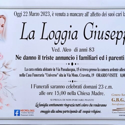 Annuncio servizi funerari agenzia G.B.G. signora La Loggia Giuseppa ved. Aleo di anni 83