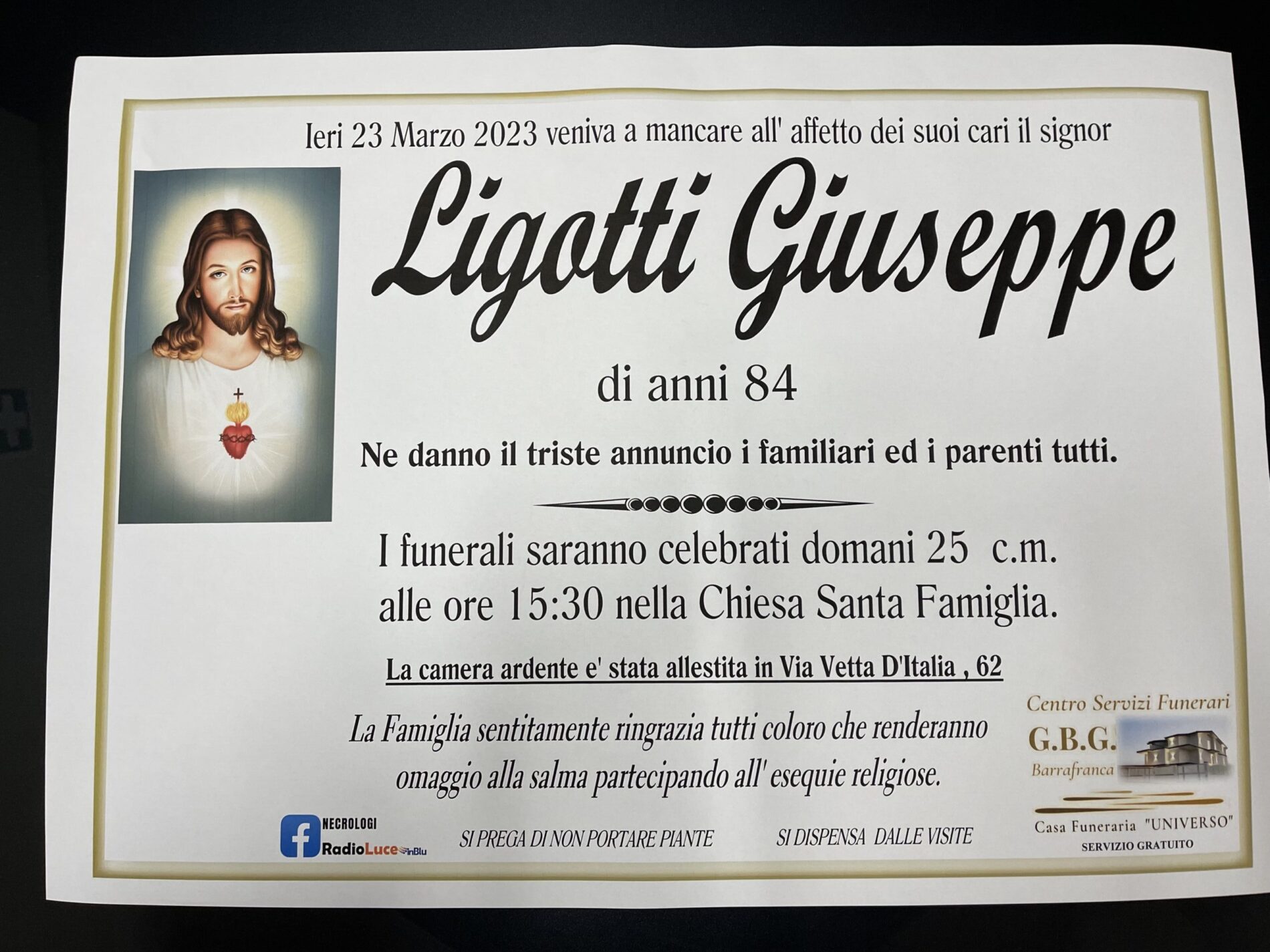 Annuncio servizi funerari ag. G.B.G. sig. Li Gotti Giuseppe di anni 84