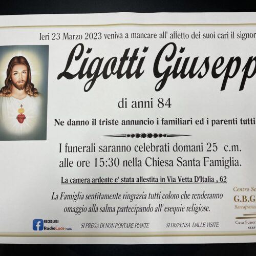 Annuncio servizi funerari ag. G.B.G. sig. Li Gotti Giuseppe di anni 84