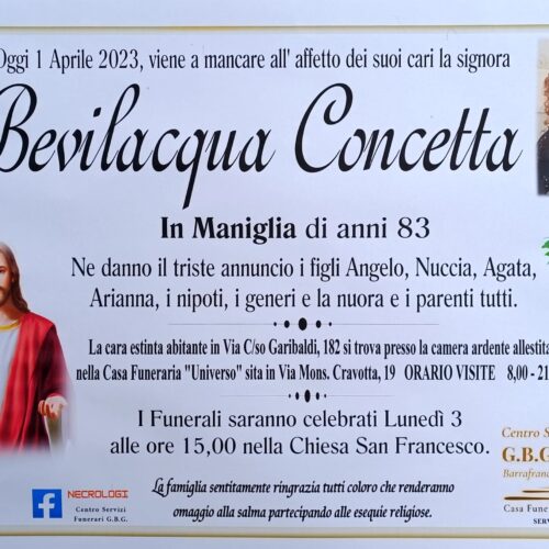 Annuncio servizi funerari agenzia G.B.G. Signora Bevilacqua Concetta in Maniglia di anni 83