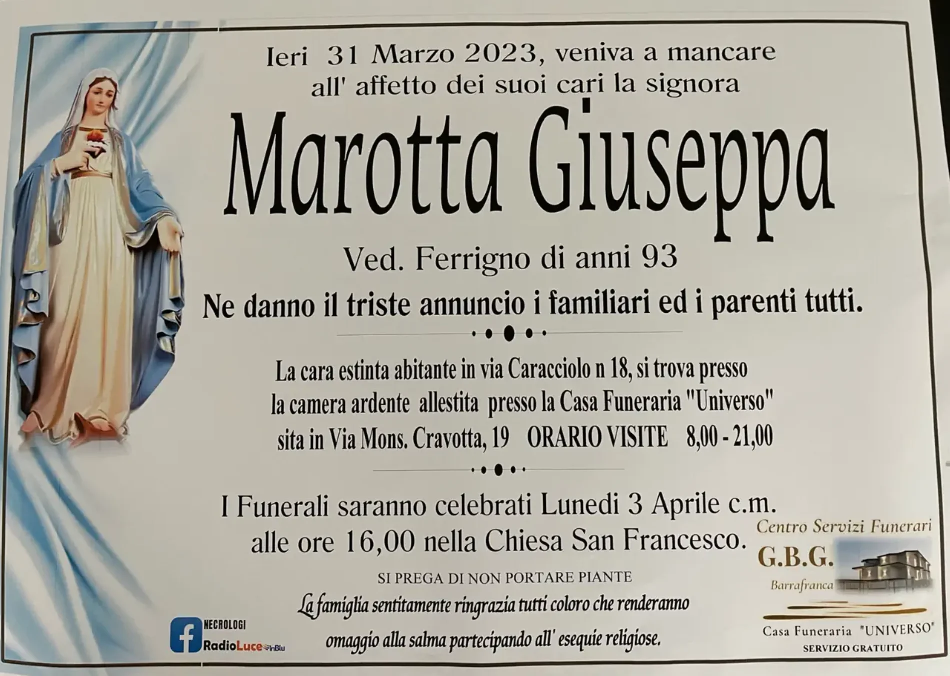 Annuncio servizi funerari agenzia G.B.G. Signora Marotta Giuseppa ved. Ferrigno di anni 93.