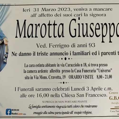 Annuncio servizi funerari agenzia G.B.G. Signora Marotta Giuseppa ved. Ferrigno di anni 93.