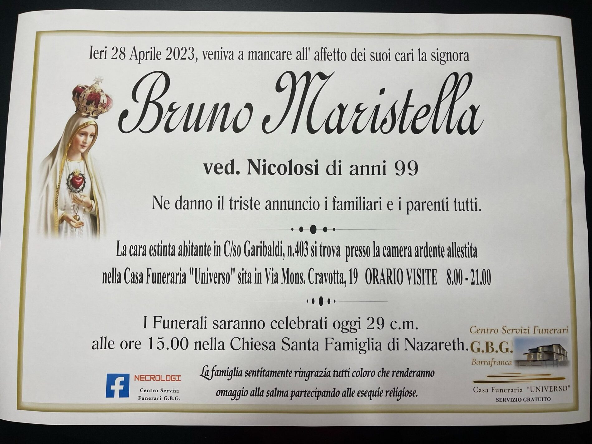 Annuncio servizi funerari agenzia G.B.G. signora Bruno Maristella ved. Nicolosi di anni 99