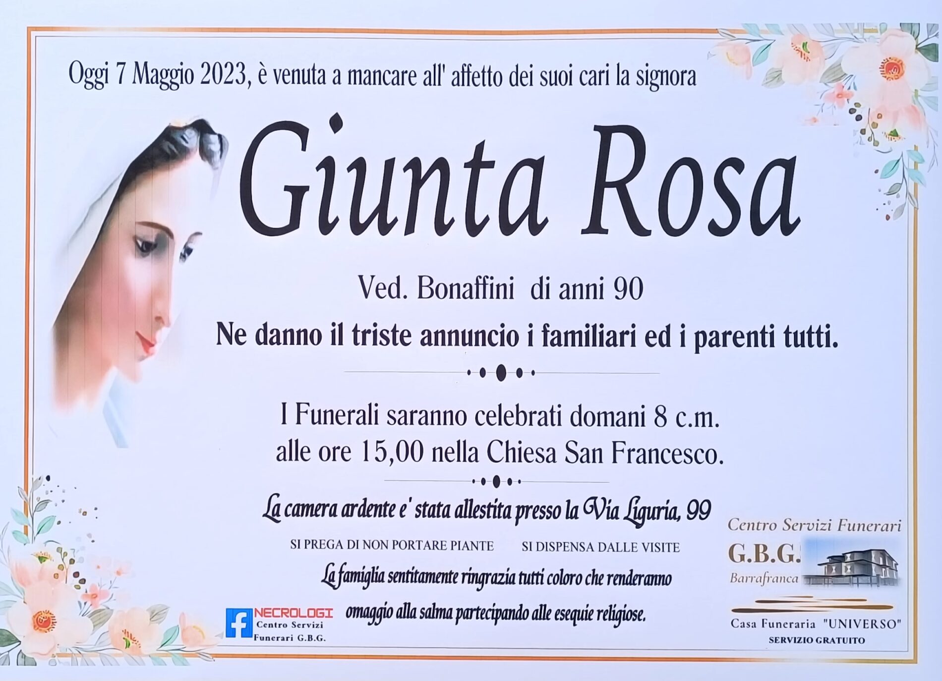 Annuncio servizi funerari agenzia G.B.G. Signora Giunta Rosa ved. Bonaffini anni 90