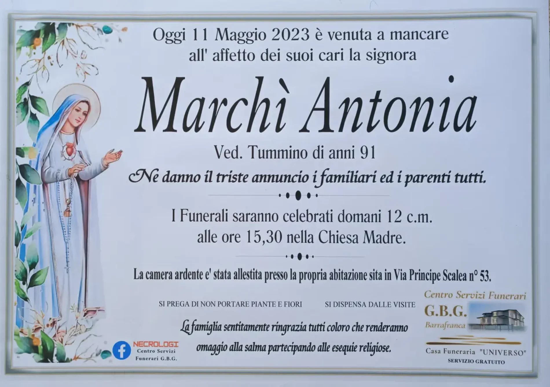 Annuncio centro servizi funerari agenzia G.B.G. signora Marchì Antonia ved. Tummino di anni 91