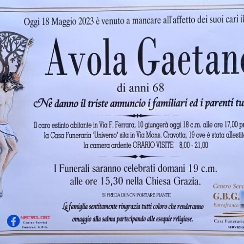 Annuncio servizi funerari agenzia G.B.G. sig. Avola Gaetano di anni 68