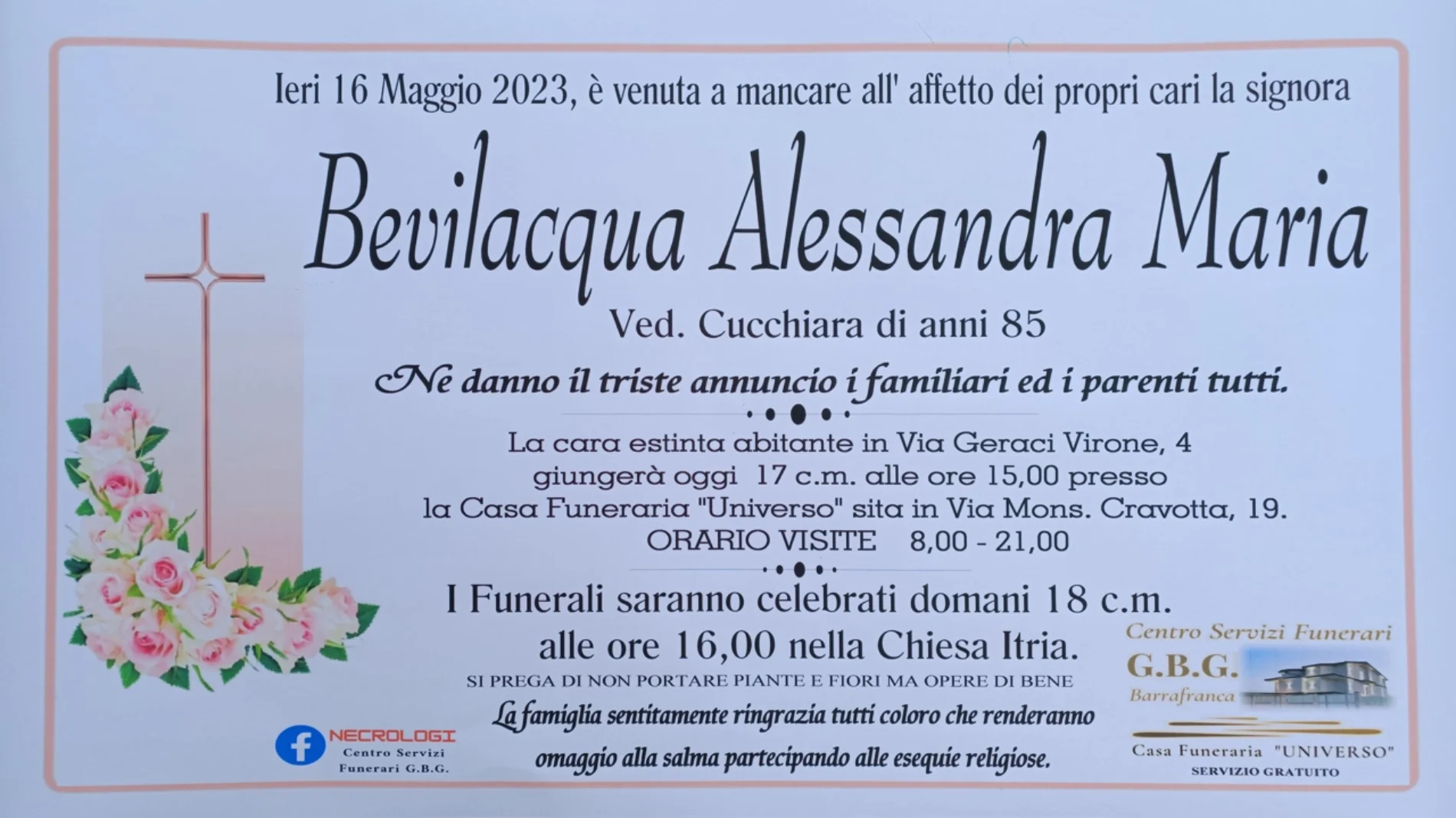 ANNUNCIO CENTRO SERVIZI FUNERARI G.B.G. Sig.ra Bevilacqua Alessandra Maria ved. Cucchiara di anni 85