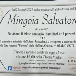 Annuncio servizi funerari agenzia G.B.G. sig. Mingoia Salvatore di anni 82