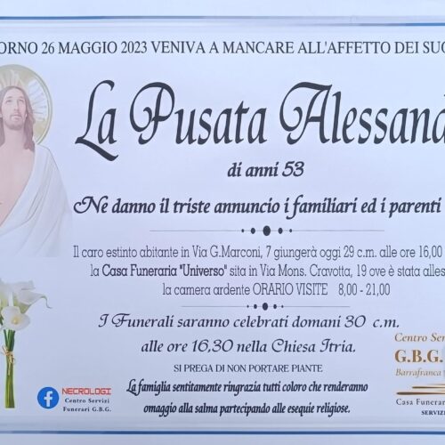Annuncio servizi funerari agenzia G.B.G. sig. La Pusata Alessandro di anni 53