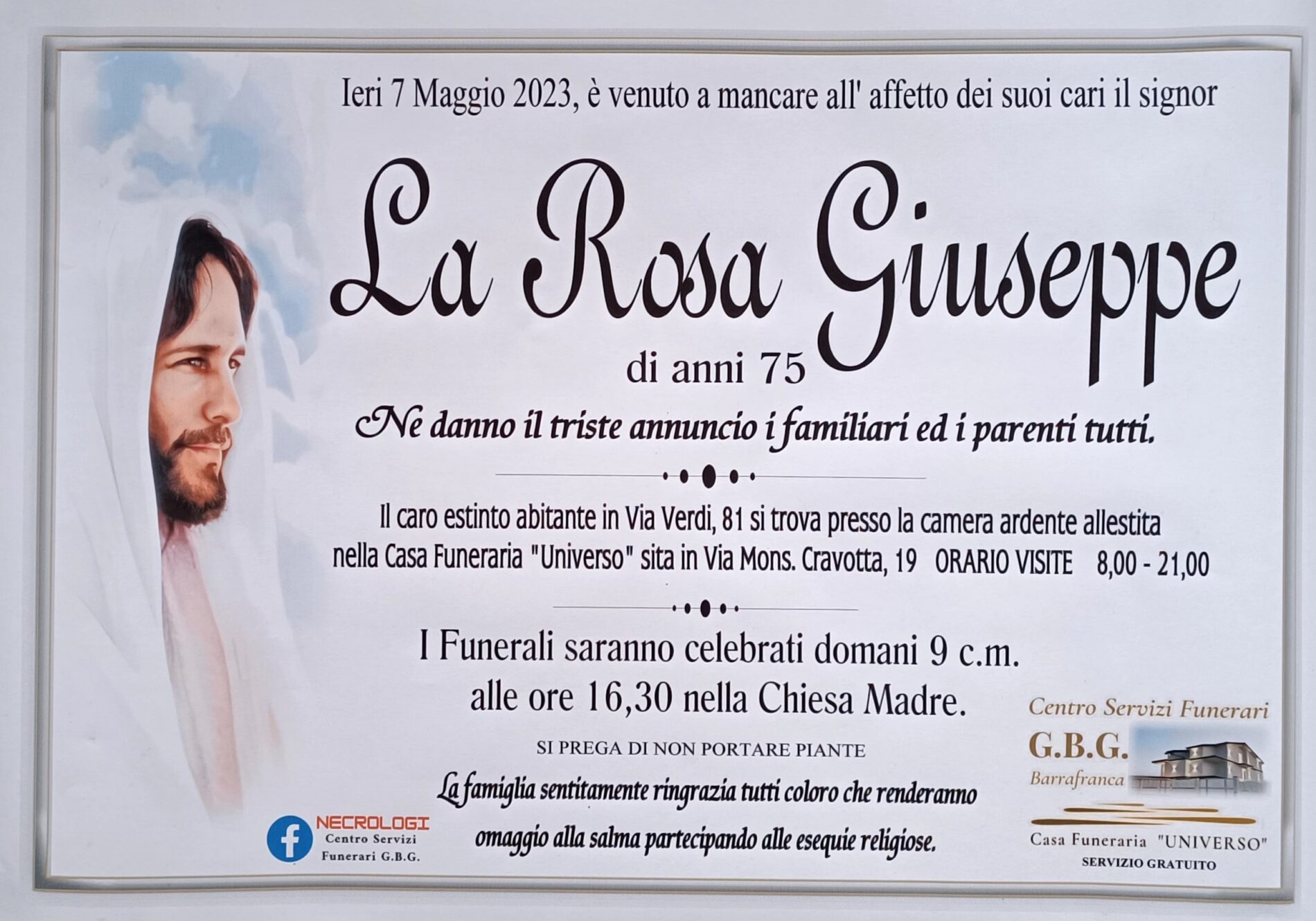 Annuncio funebre agenzia G.B.G. Sig. La Rosa Guuseppe di anni 75
