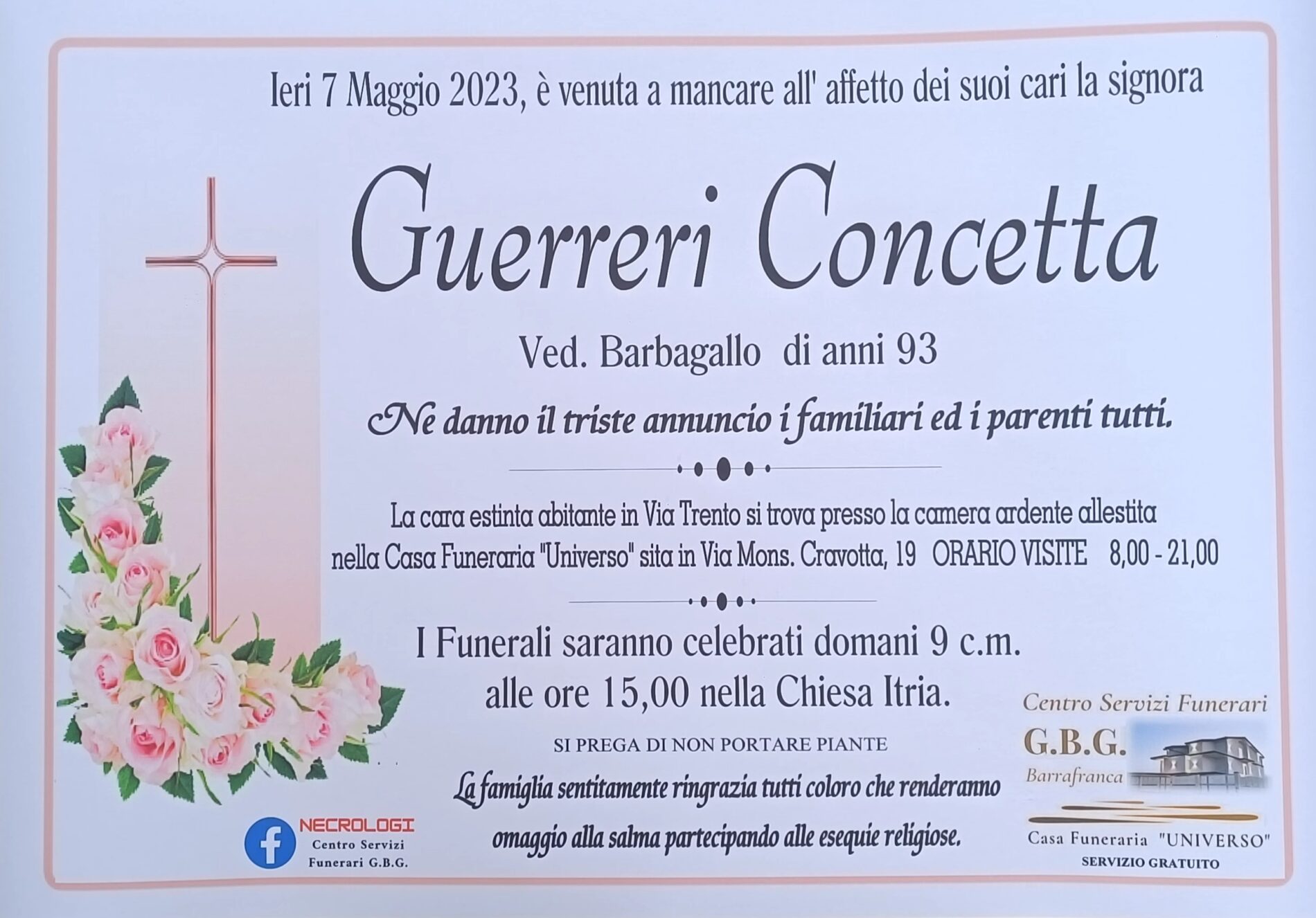 Annuncio funebre agenzia G.B.G. signora Guerreri Concetta ved  Barbagallo di anni 93
