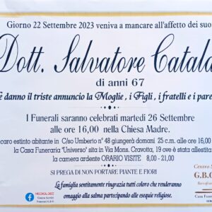 Annuncio serv. Funerari G.B.G. Dott. Salvatore Catalano di anni 67