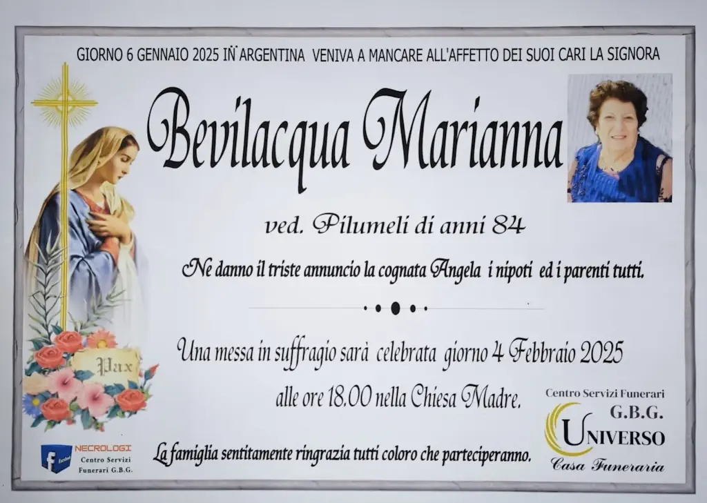 Annuncio servizi funerari Ag. G.B.G. Sig.ra Bevilacqua Marianna ved. Pilumeli di anni 84