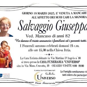 ANNUNCIO CENTRO SERVIZI FUNERARI G.B.G Sig.ra Salvaggio Giuseppa ved.Mancuso di anni 82
