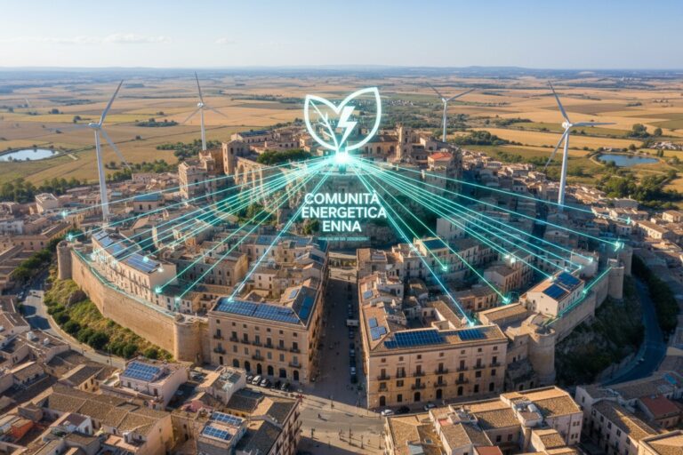 Vista aerea di un borgo storico con pannelli solari sui tetti e pale eoliche sullo sfondo, collegati da linee digitali luminose a un'icona centrale con la scritta Comunità Energetica Enna.