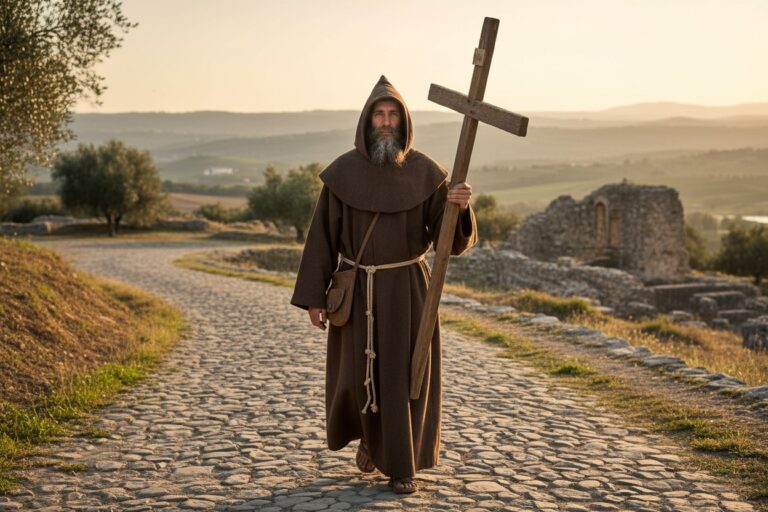 Un frate con saio marrone e cappuccio cammina su una strada sterrata portando una grande croce di legno.